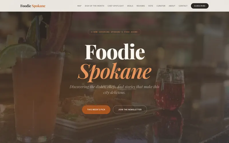 The Foodie Spokane homepage: a full-width food photograph under a warm wash, with the Foodie Spokane wordmark and buttons for this week's pick and the newsletter.